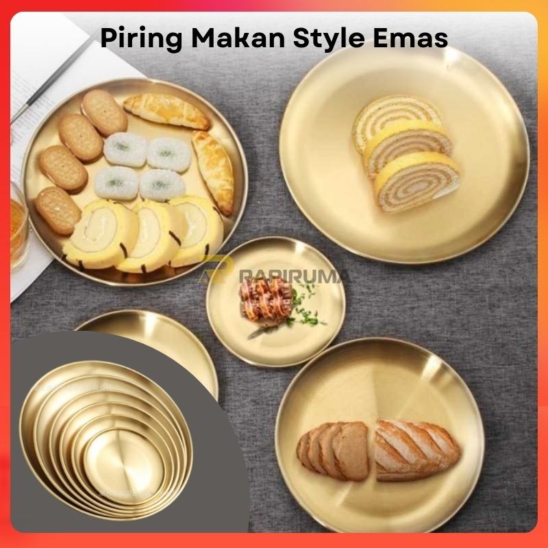 Piring Makan Korea Style Emas / Dekorasi Stainless Steel European Gold / Piring Emas Stainless Tebal