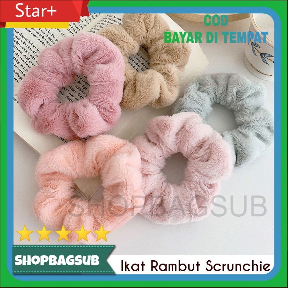 Ikat Rambut Scrunchie Gaya Korea Tile Bulu Kain Hairband Gelang Kunciran Cepol JilbabLingkar Besar