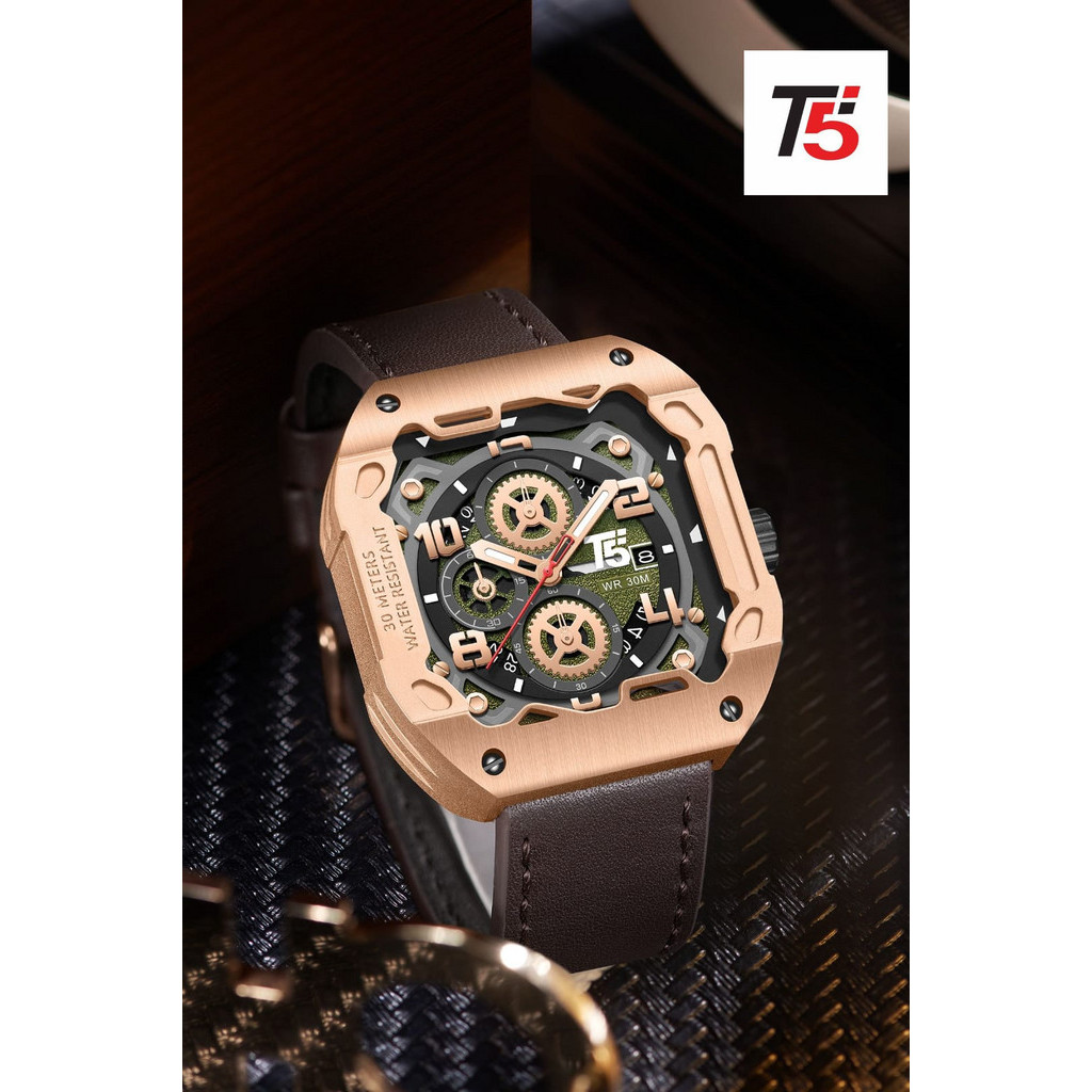 Jam Tangan Pria T5 H 4029G / T5 H 4029 Original Cronograph Bergaransi Tahan Air Tali kulit Jam Tanga