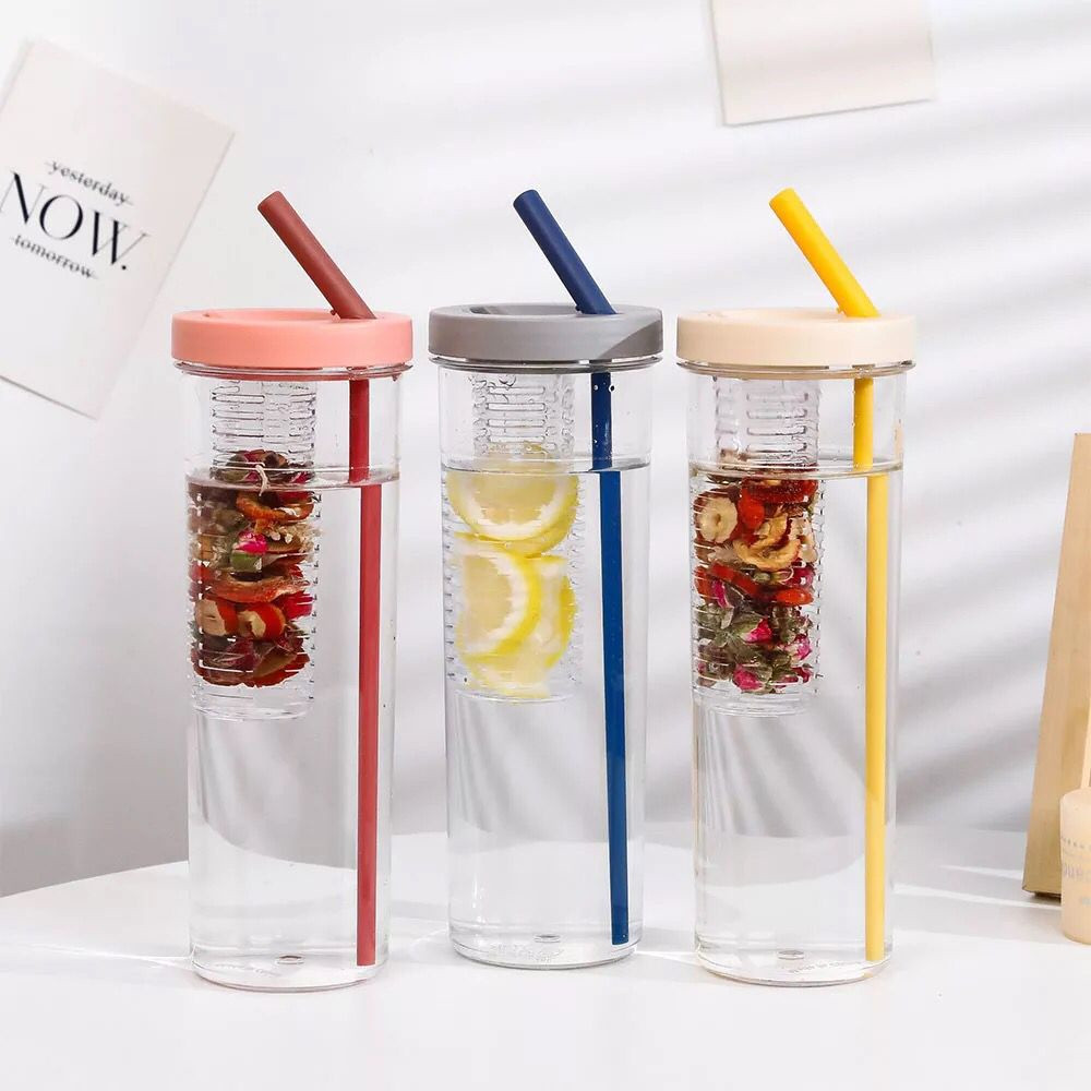 Botol Minum Transparan Infused Water Tumbler Cup Buah Sedotan Lipat