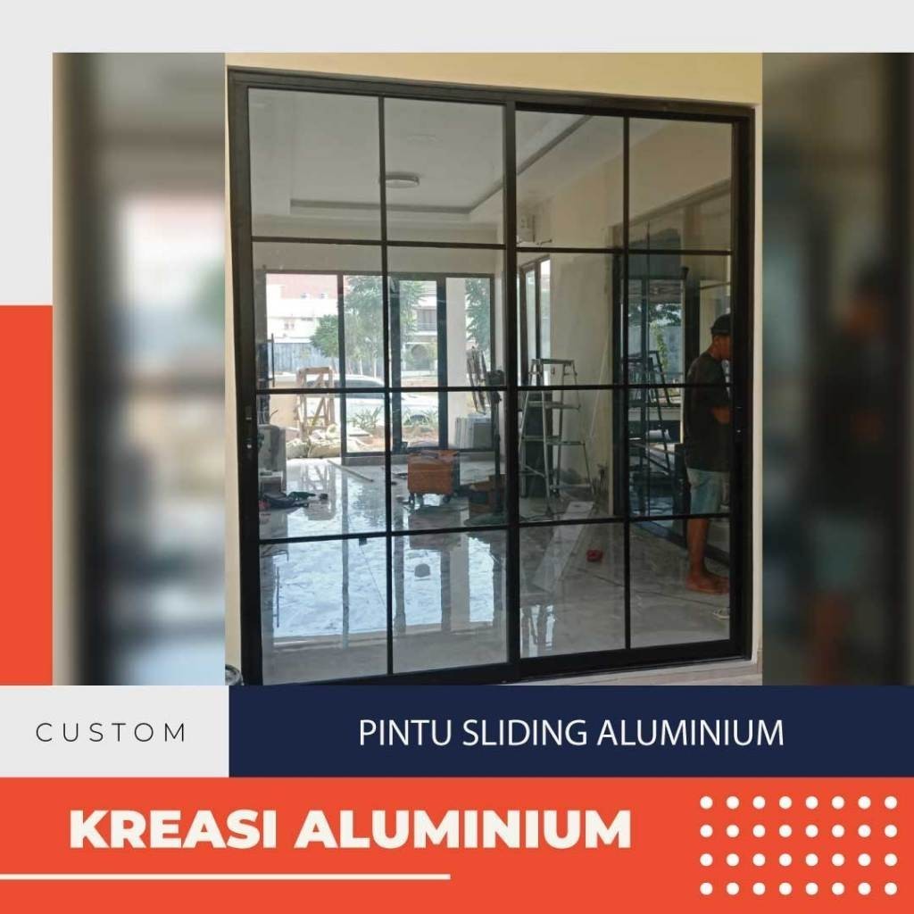 promo PINTU KACA ALUMINIUM SLIDING GESER ORNAMEN DUA DAUN UKURAN L240XT200