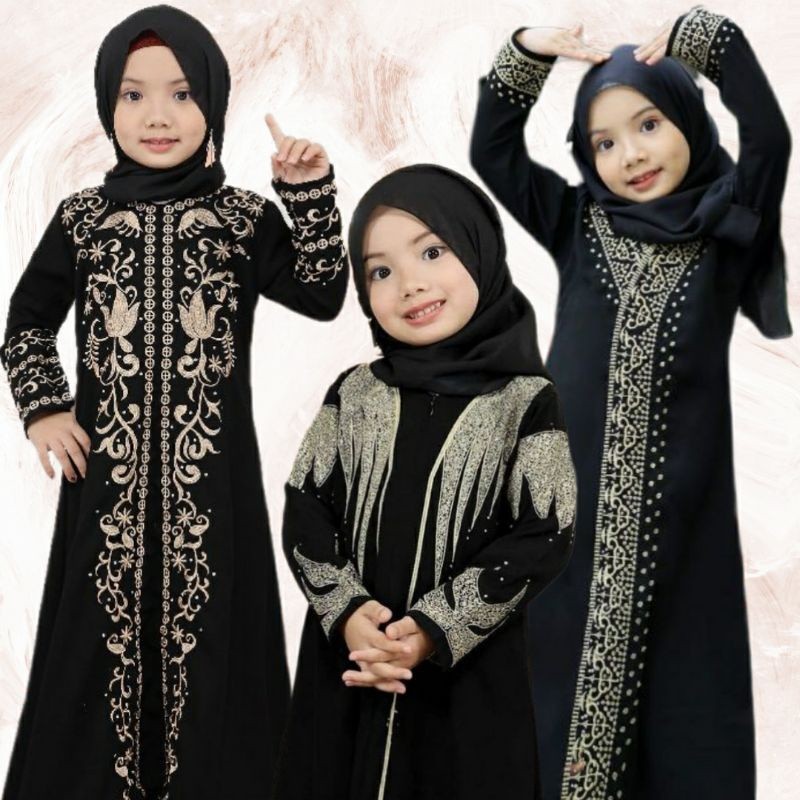 KAIN ADEM HALUS TEBAL / Abaya Gamis Arab Hitam Bordir Anak - Anak Kids Bahan Jetblack Saudi