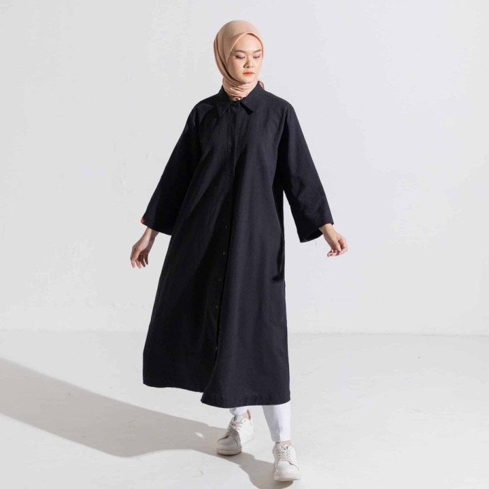 Dress Wanita Muslim Dauky M Dress Linen Tebal TunikBagus Kancing aktif - mustard, L/XL