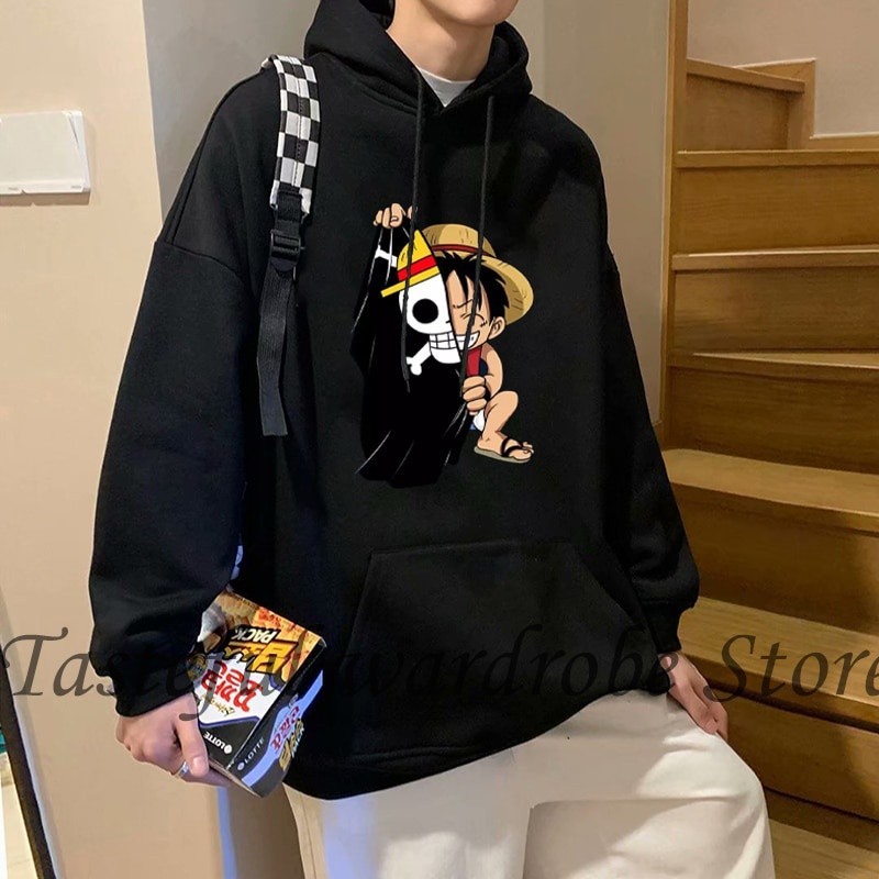 Jaket Hodie Anime One Piece Luffy Pria Wanita Sweter Aesthetic Simple Animasi Hip Hop Kpop Japan Sty