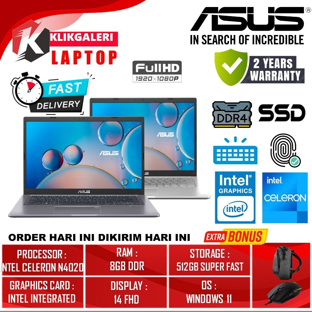 FROMO SPESIAL Laptop Asus Vivobook A416MAO Intel Celeron n4020 Ram 8GB 512GB SSD 14 FHD Backlit Windows11Home
