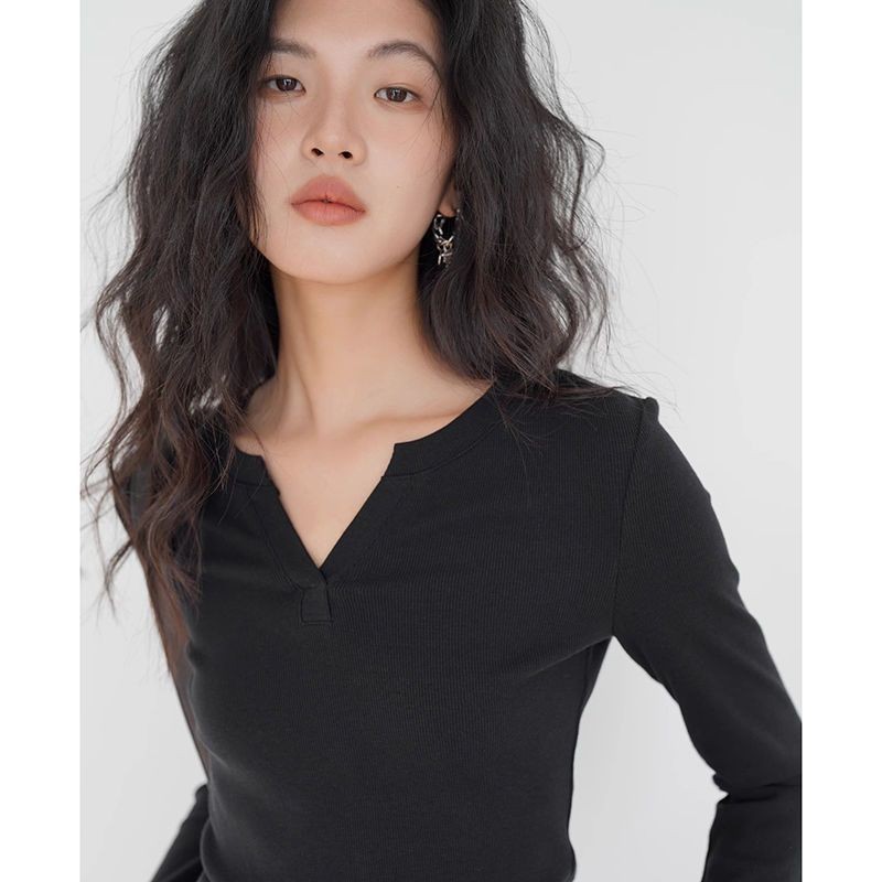 Half open collar long sleeved slim fit versatile simple casual T-shirt for women in spr