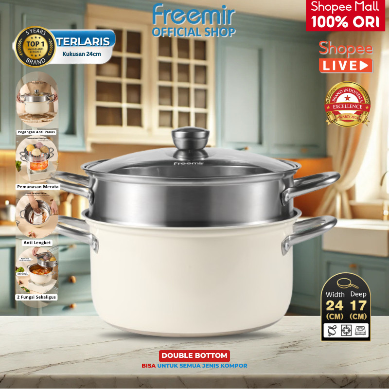 GH56TG Special freemir Panci Kukus 2 Susun 24cm Stainless Steel Anti Karat bisa Kukus dan Rebus