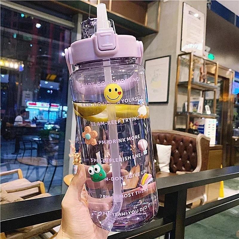 Water Bottle 2 Liter Large Capacity Straw Drinking Bottle with Stickers Sport Plastic Cups for Stude