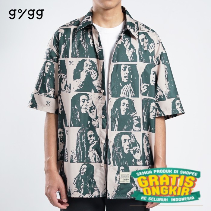 TK / GIGG - Portrait - Cream Oversize Shirt - Kemeja Lengan Pendek Bob Marley - Baju Cowok - Atasan 