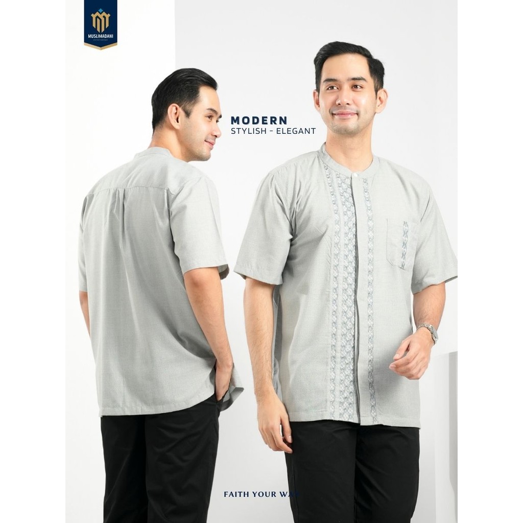 Muslimadani Baju Koko ISHAQ Regular Koko Dewasa Lengan Pendek dan Lengan Panjang Bordir Kemeja Koko 