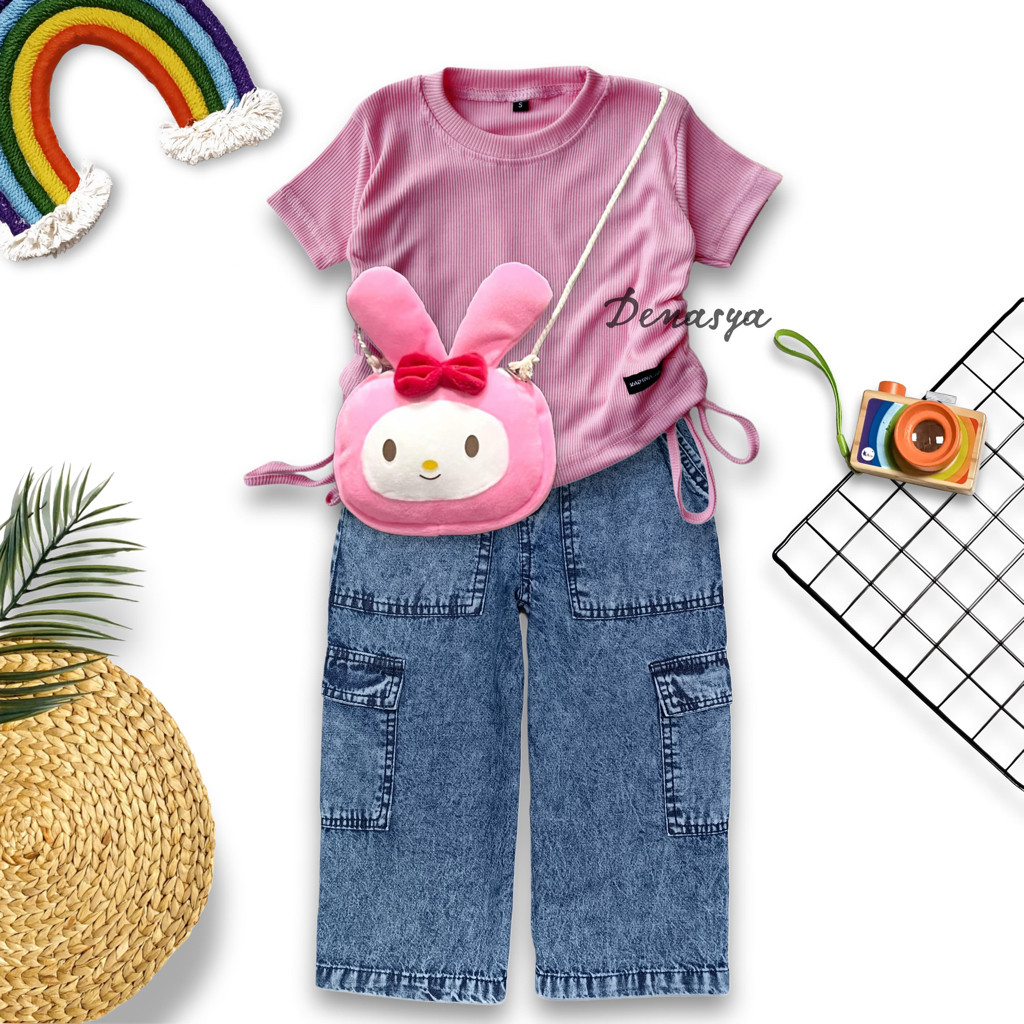 SR56YI Pakaian Anak Perempuan Kekinian / Setelan Baju Knit dan Kulot Cargo Jeans Snowblue 1-12 Tahun