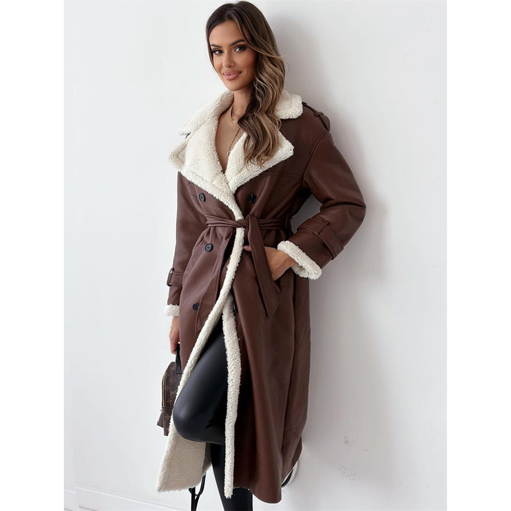 Faux Lamb Fur in Lined Leather Jacket with Belt Women Winter Long Tren Coat Lapel Double Breasted Wi
