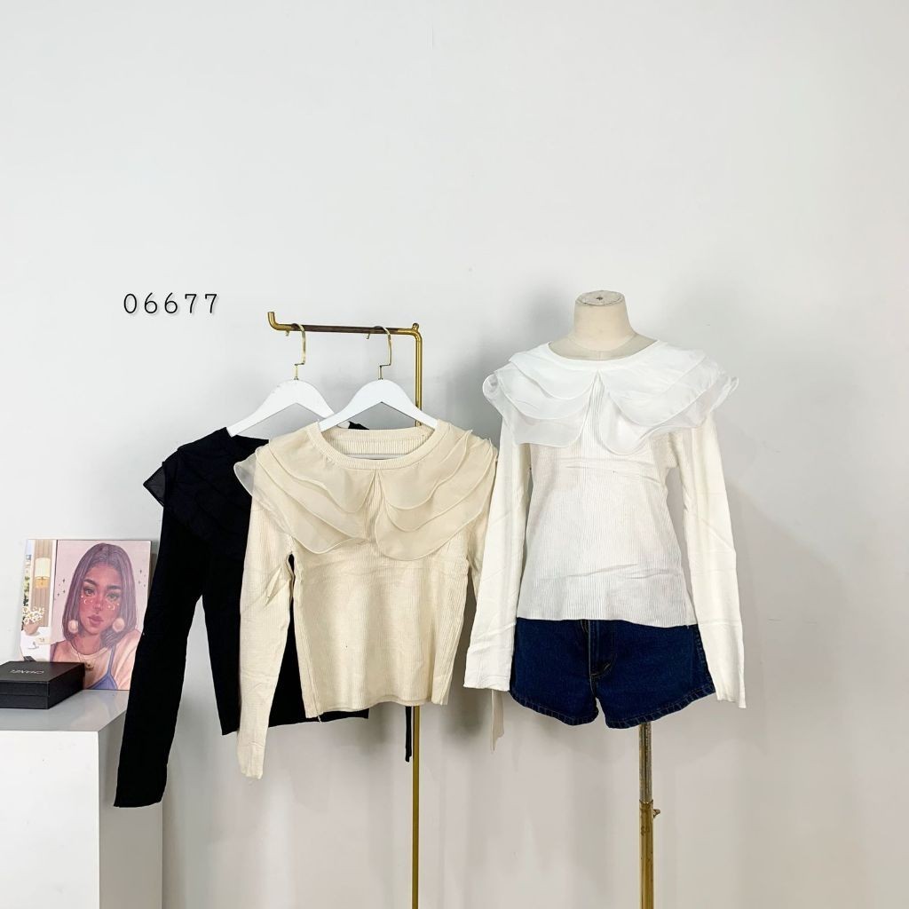 ATASAN BLOUSE RAJUT POLOS VARIASI KERAH ORGANZA RUMPLE TINGKAT LENGAN PANJANG  PREMIUM WANITA ATASAN