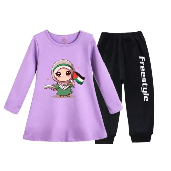 Tunik Anak Set Muslim Anak Perempuan Dress Lengan Panjang Palestina - Putih, 2