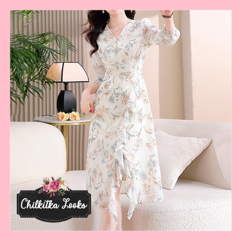 CHILKITKA LOOKS KOREAN FASHION WANITA Rok panjang sifon bunga kerut V-neck modis baru/gaun lengan pa