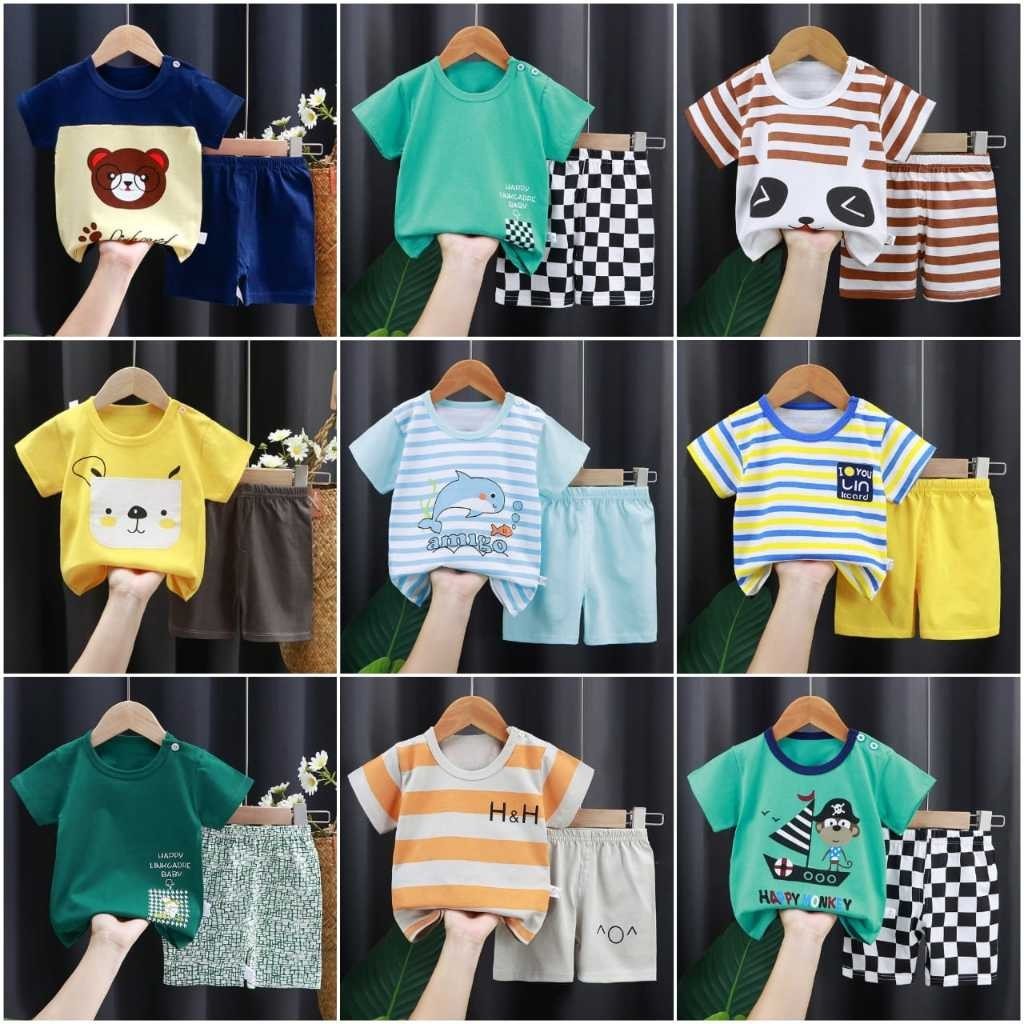 KIDS SUIT PENDEK Setelan Baju Bayi Import Lengan Pendek Umur 0 Bulan - 4 Tahun Baju Anak Bahan Kaos 