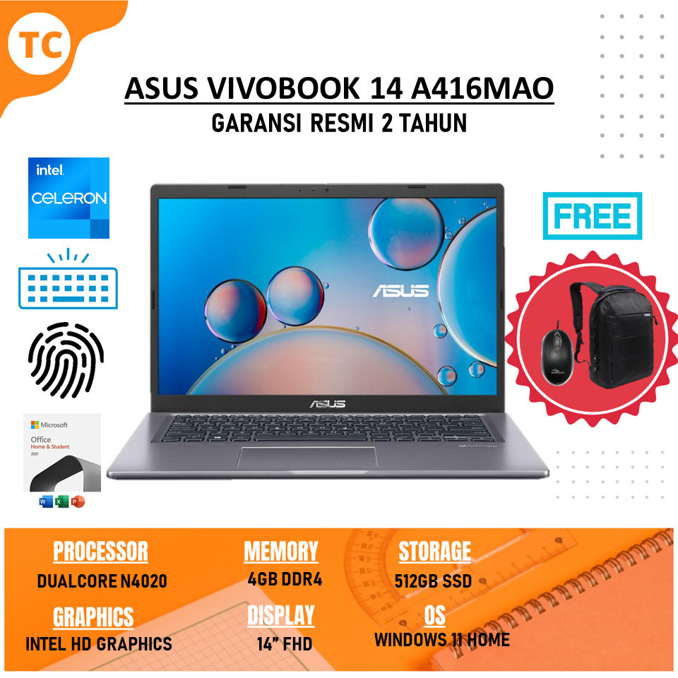Laptop Slim Asus Vivobook A416MAO Intel N4020 RAM 8GB SSD 512GB FHD Windows 11 Original Terlaris