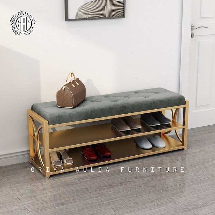 Bangku rangka besi finishing gold dudukan busa rak sepatu modern