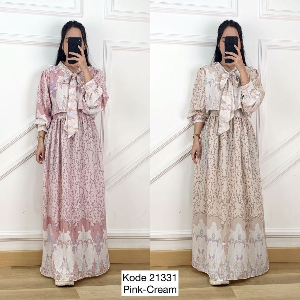 21331 LONG MAXI KATUN SLIKY FULL PRINT MOTIF BATIK BUNGA VARIASI KERAH TALI PITA LENGAN BALON PREMIU