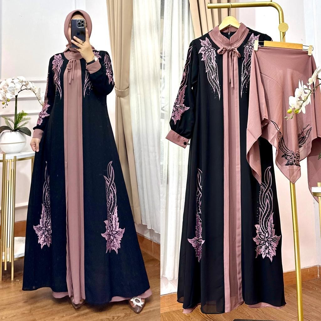 WomenStyle.co Gamis Set Hijab Segi Empat Mewah Elegan Model 2 Layer Bahan Ceruty Babydoll Kombinasi 