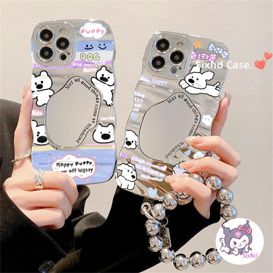 Makeup Mirror Case Hp Untuk Oppo A7 A5s A3s A54 A53 A17 A16 A15 A15s A55 A95 A74 A33 A58 A78 A76 A96 A93 A92 A52 A32 A5 A7 A9 A12 A17K A16K A1K Reno 7Z 8Z 4F 3D Electroplated Wave Edge Phone Case Anjing Kartun Manis Shockproof Soft Back Cover