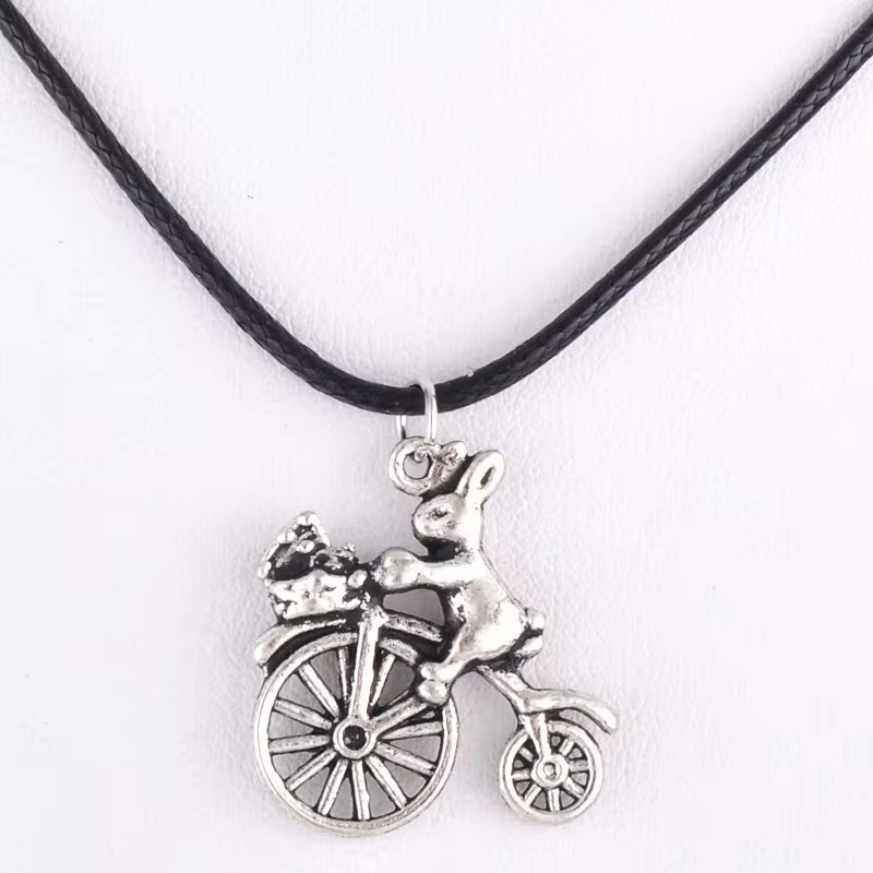 22*23Mm Antique Tibetan Silver Color Bike Rabbit Bunny Pendant Necklace Women Choker Wax Cord Rope N