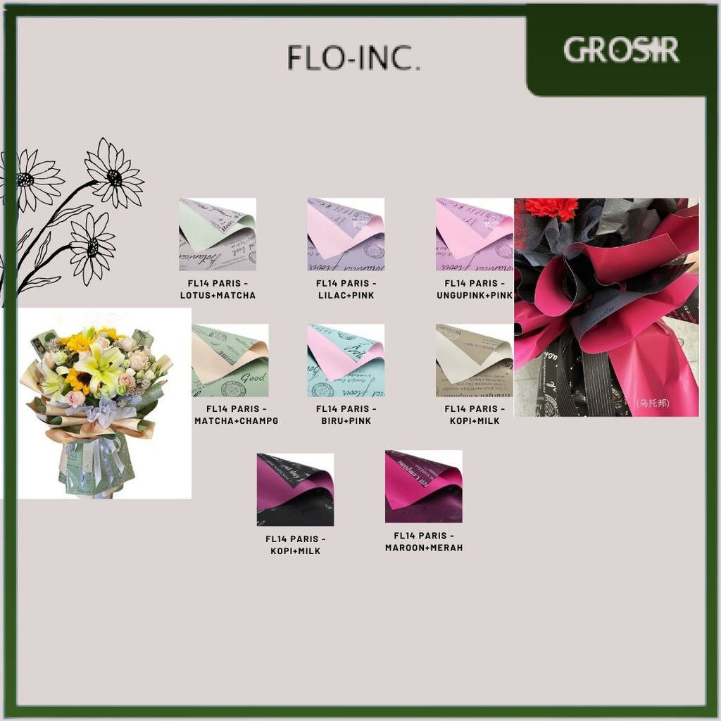 

FLO-INC. - (5 LEMBAR) - FL14 PARIS Kertas Bunga Paper Buket Motif Tulisan Text Florist Cellophane