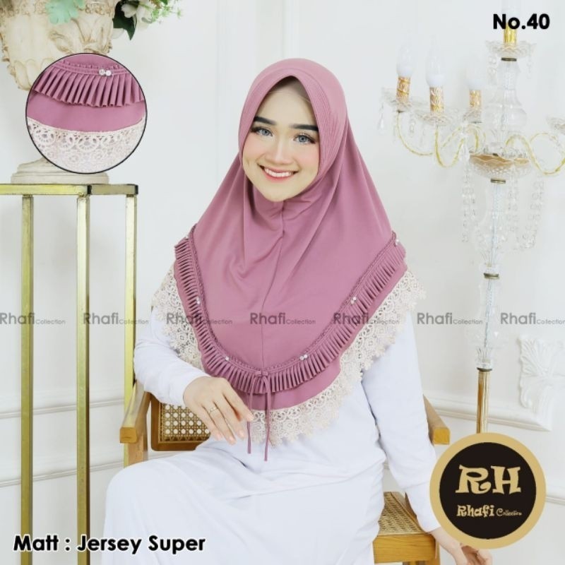 Jilbab RHAFI ORI Renda Mewah Kode 40 Rempel Lipit Keliling | Bergo Hijab Instan Bahan Jersey Super