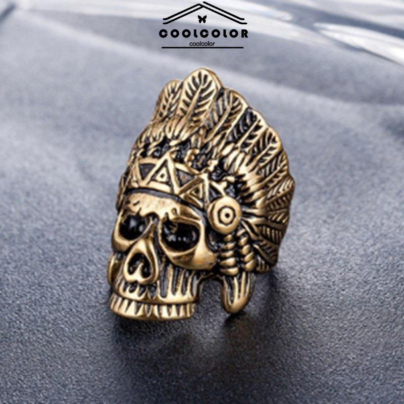 COD❤️Cincin Tengkorak Pria Retro Vintage Gaya Perak Emas Indian Amerika Rock Anti Karat Untuk Pria U