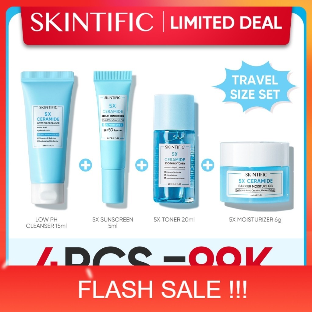 PROMO 【Travel Set】SKINTIFIC MINI 4pcs Paket Skincare Wajah with sunscreen - 5X Sunscreen mist+5X Cer