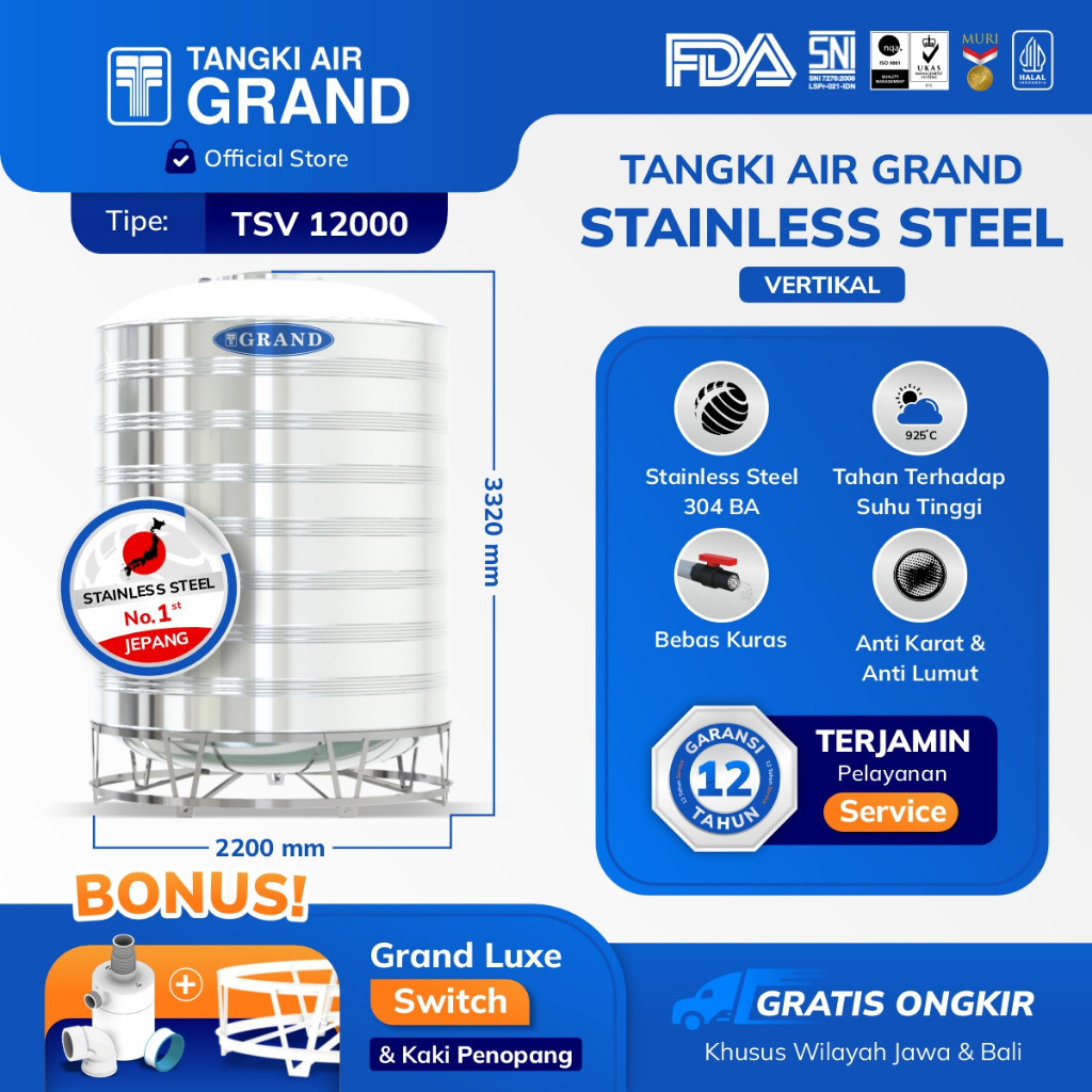 Tangki Tandon Toren Air Stainless Steel Grand TSV 12000 Garansi 12 Tahun Free Ongkir