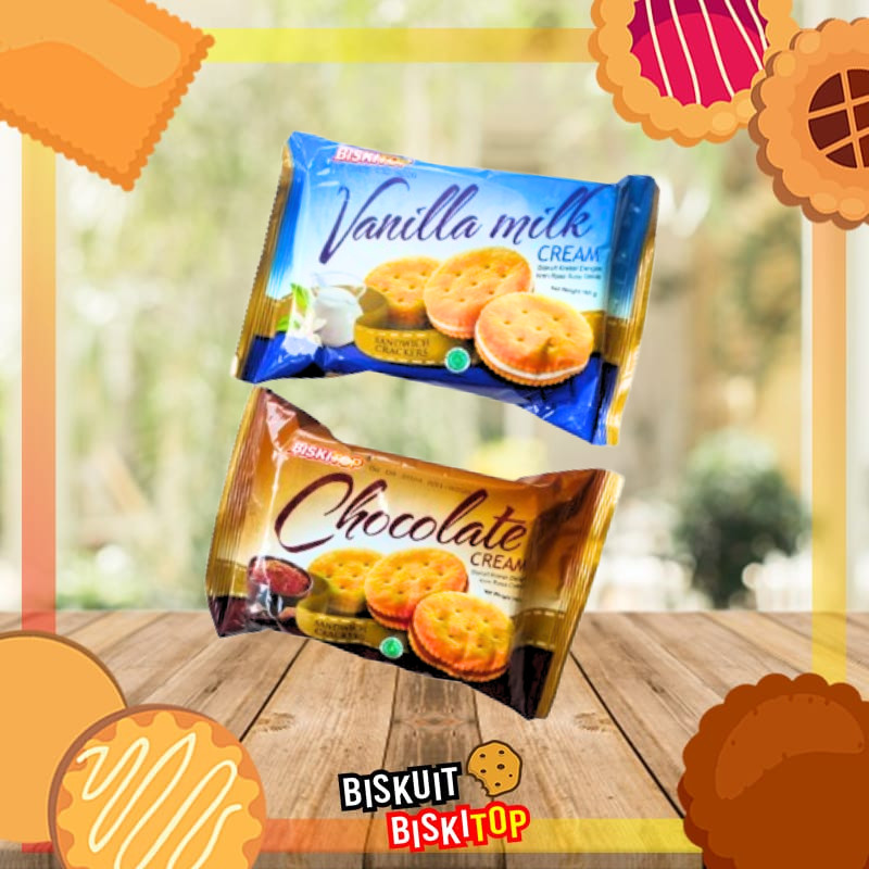 

B. BISKITOP - SANDWICH CREAM 165gr Biskuit Kue Kering Anak Dewasa Enak Renyah Biscuit Rasa Coklat Vanila Peanut Lemon