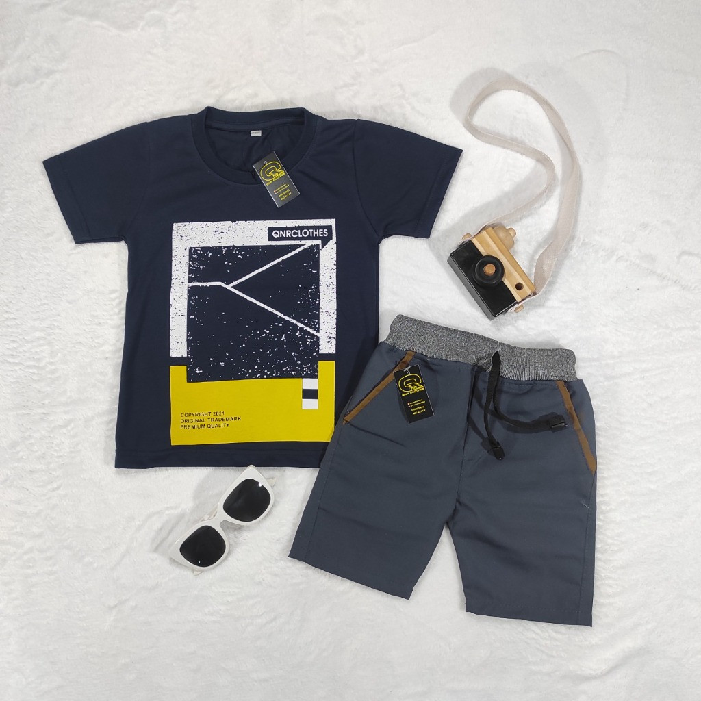 QNR Setelan Anak 1-12Thn  LV1 KCR Kaos Distro QnR  dan  Celana Chinos Pendek / Stelan Anak Baju Cela