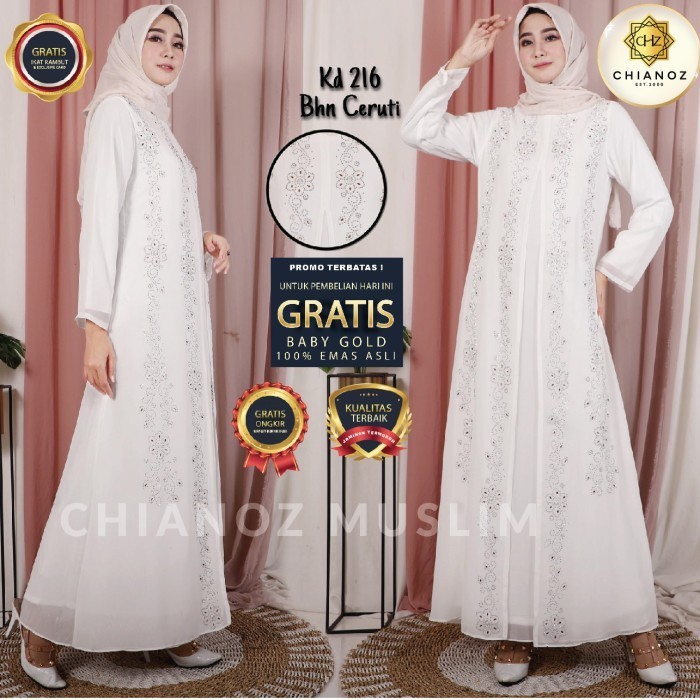 CHIANOZ Gamis Syari Brukat Wanita / Busana Muslim Lebaran Umroh  1176 - L, warna PUTIH