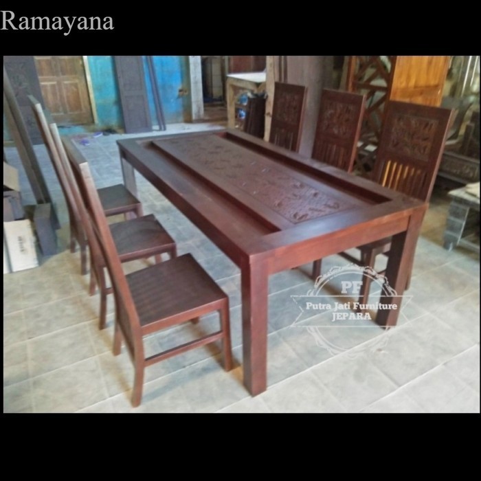 

set Meja makan panjang 2x1 meter kursi 6 kayu jati ukir sederhana Murah