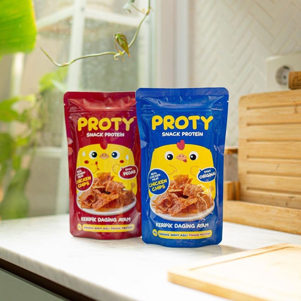 

PROTY Chicken Chips Original Pedas Snack Cemilan Ayam Protein Diet - Keripik Daging Ayam Asli Krispi 18 gr cemilan anak