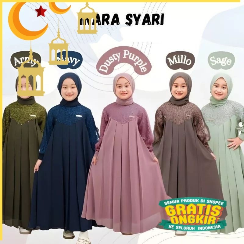 Baju Anak Perempuan Inara Dress Kids Bahan Ceruty Plus Pasmina / Gamis Anak Perempuan Terbaru / Fhas