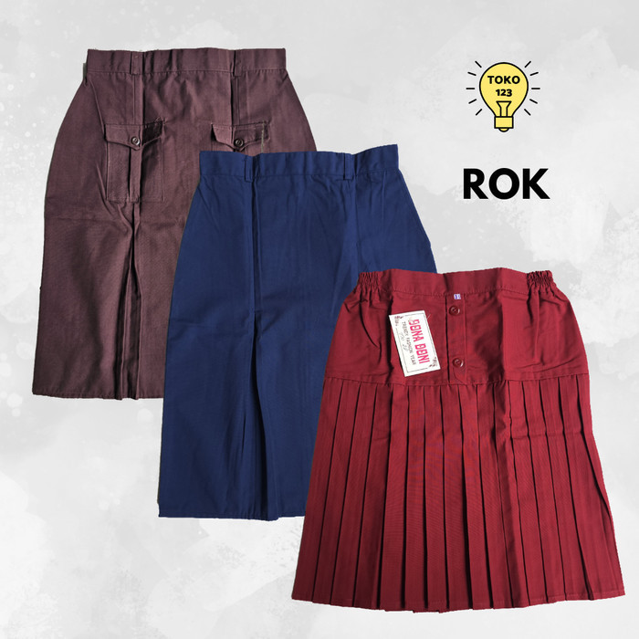 Rok Span Wanita Kain Merah Plisket Biru Coklat Navy Seragam Bawahan Rok Pendek Rok Panjang