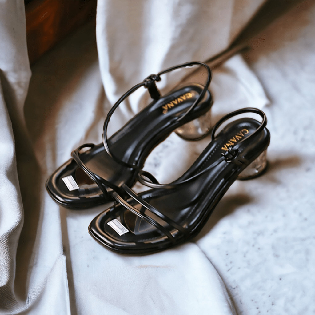 DISKON RAMADHAN Sandal Sendal Hak Heels Kaca Wanita Hitam 5cm Sandal Hils Hells Heel Tali Hak Tinggi