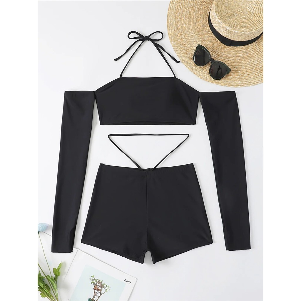 PREORDER Long Sleeve Off Shoulder Female Swimsuit High Waist Bikini Women Swimwear Two-pieces Bikini