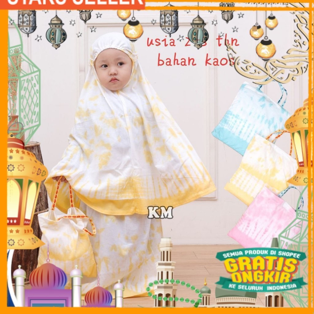 MUKENA ANAK BALITA PEREMPUAN TRAVELING MINI POUCH BAHAN KAOS COTTON MOTIF ABSTRAK TIEDYE MUKENAH FAS