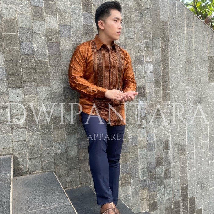 Batik Kepi Orange, Kemeja Batik Pria , Satin Furing