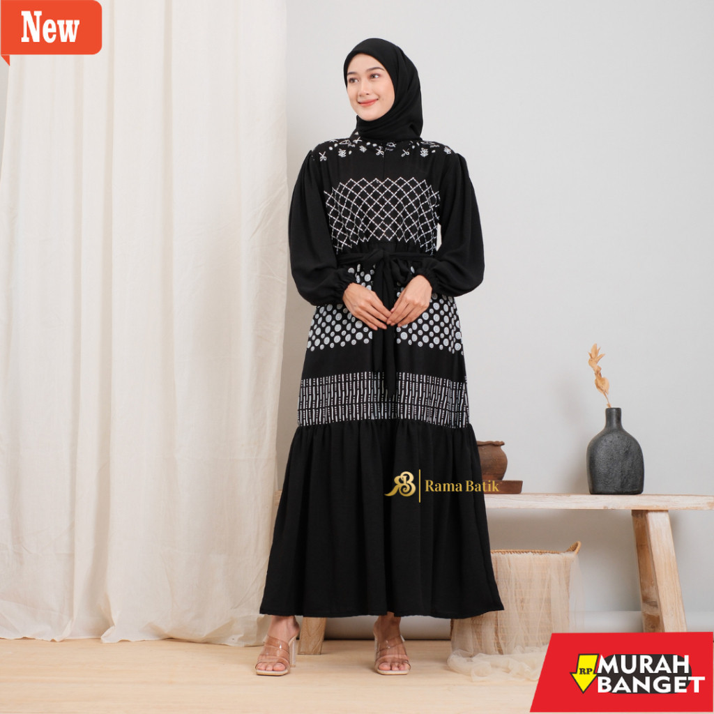 Gamis wanita untuk lebaran- Gamis Batik Wanita Modern Set Couple Gamis Kombinasi Crinkle Airflow Len
