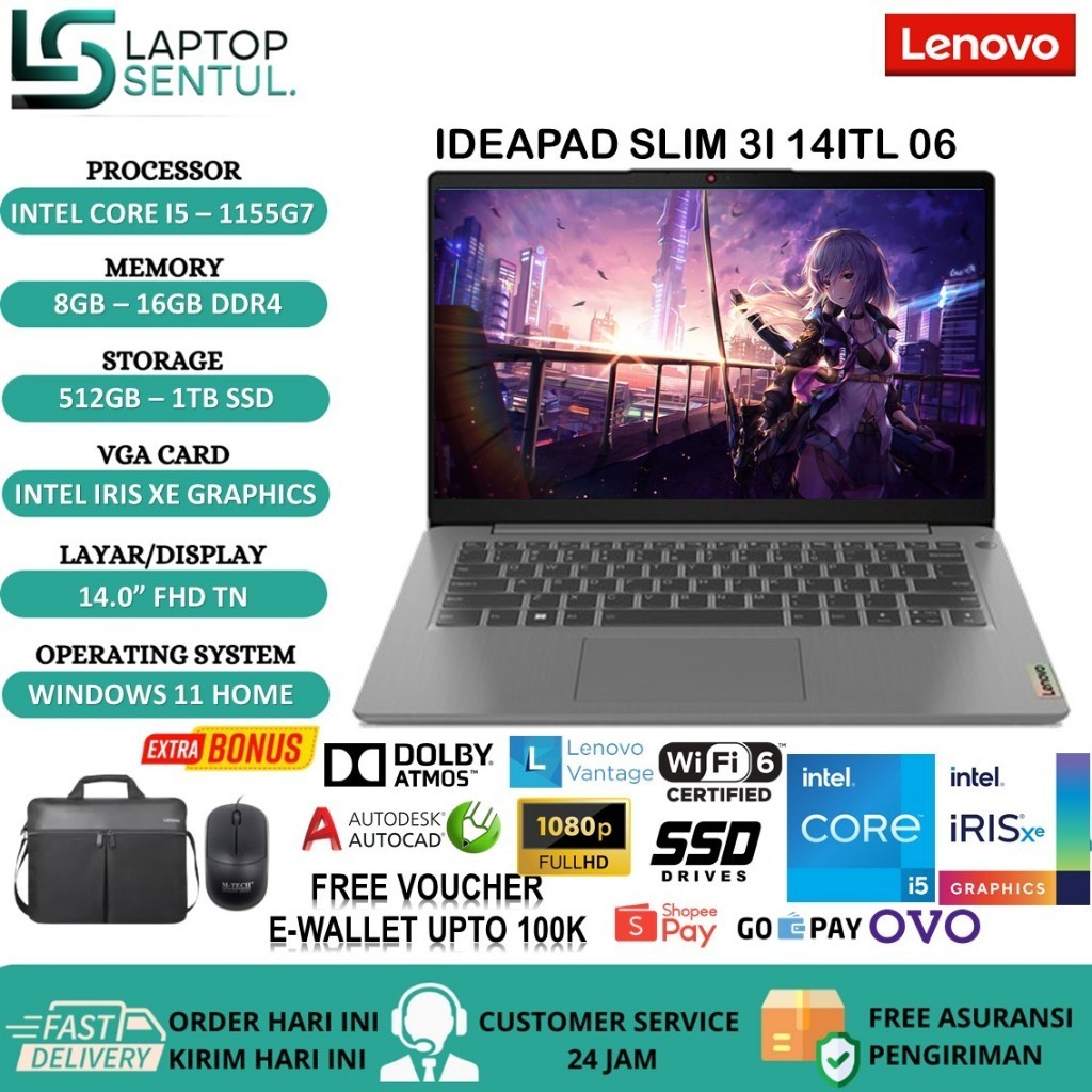 promo Laptop Lenovo Ideapad Slim 3i Intel Core i5 1155G7 Ram 20GB SSD 1TB 14 FHD WINDOWS 11 ORIGINAL