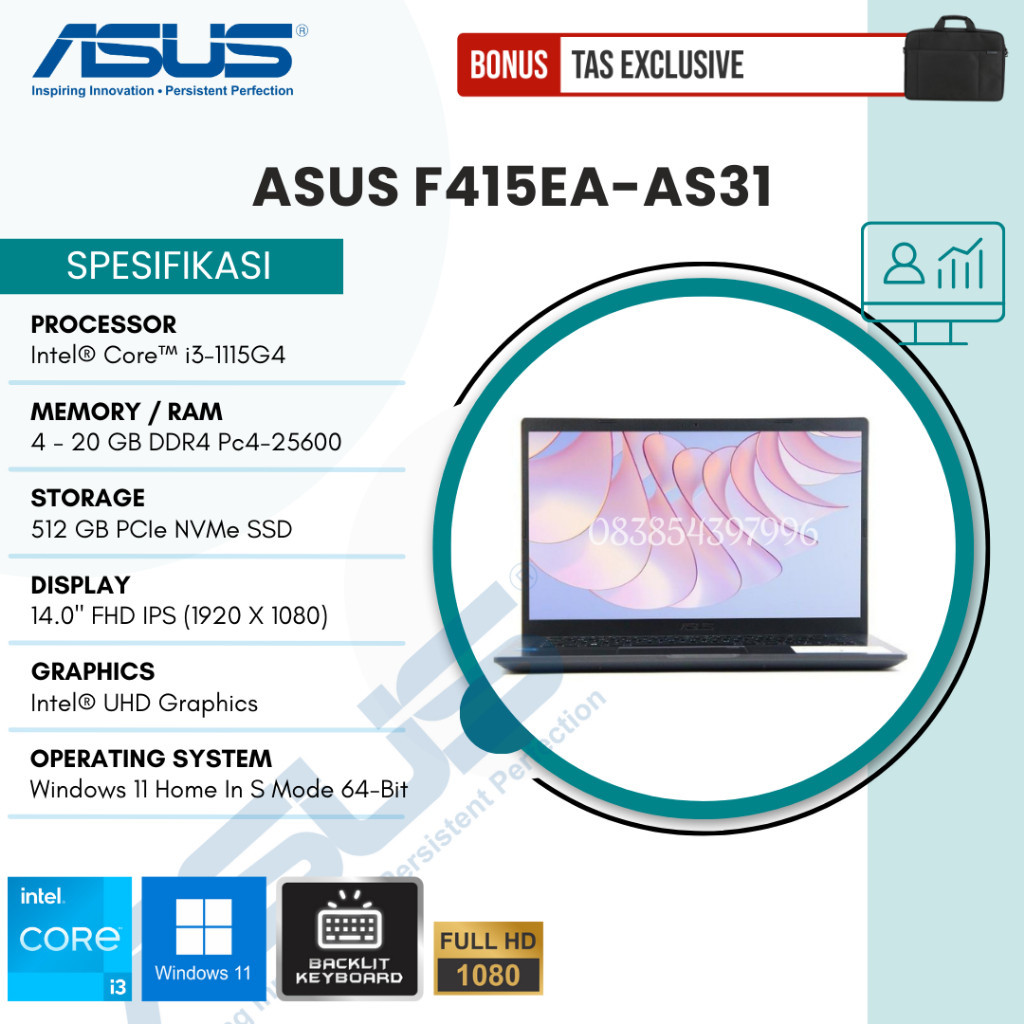 LAPTOP ASUS MURAH F415EA-AS31 - CORE I3-1115G4 - 20GB RAM - 512GB SSD - 14 INCH FHD IPS - FREE WINDO