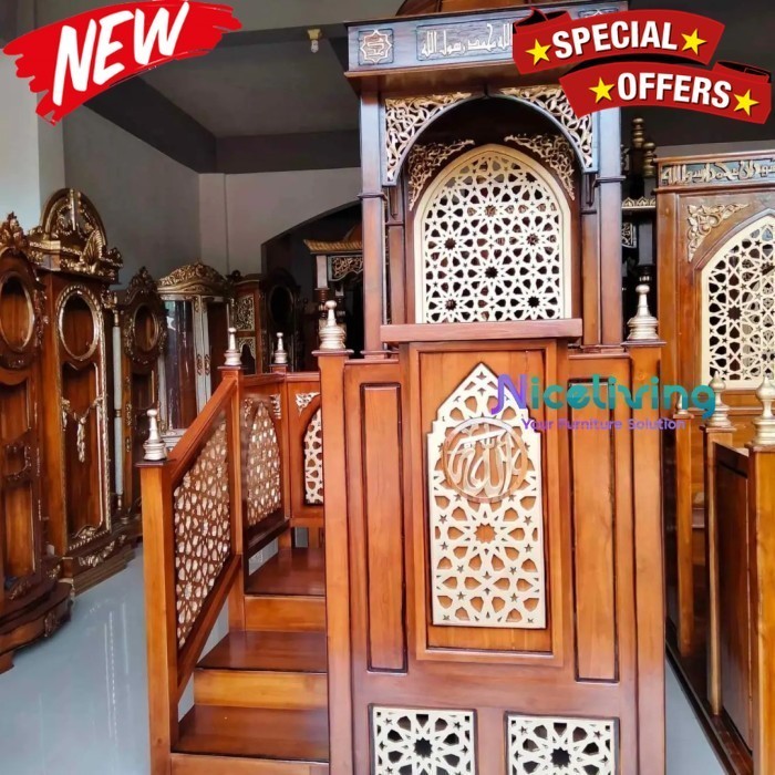 Mimbar masjid besar logo Allah tangga samping mimbar masjid ukiran Indonesian Furniture