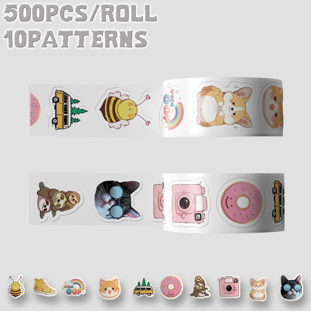 

1roll/500pcs cute cartoon sticker roll for New Year gift party decors Back to school laptop cellphone-case skateboard luggage