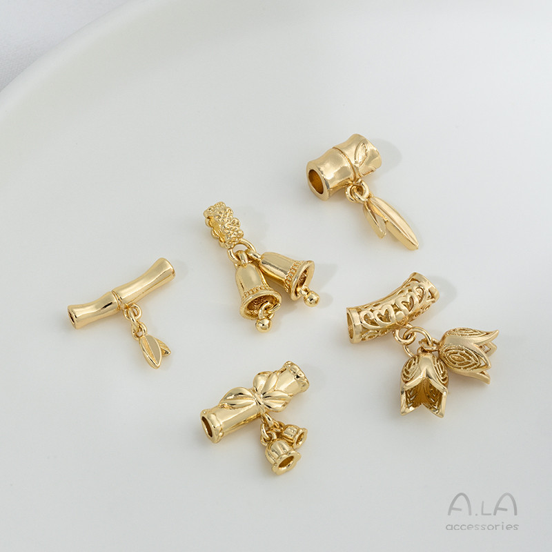 (2 buah / harga) pengawet warna 14K manik-manik tabung bambu terbungkus emas spacer menggantung kara
