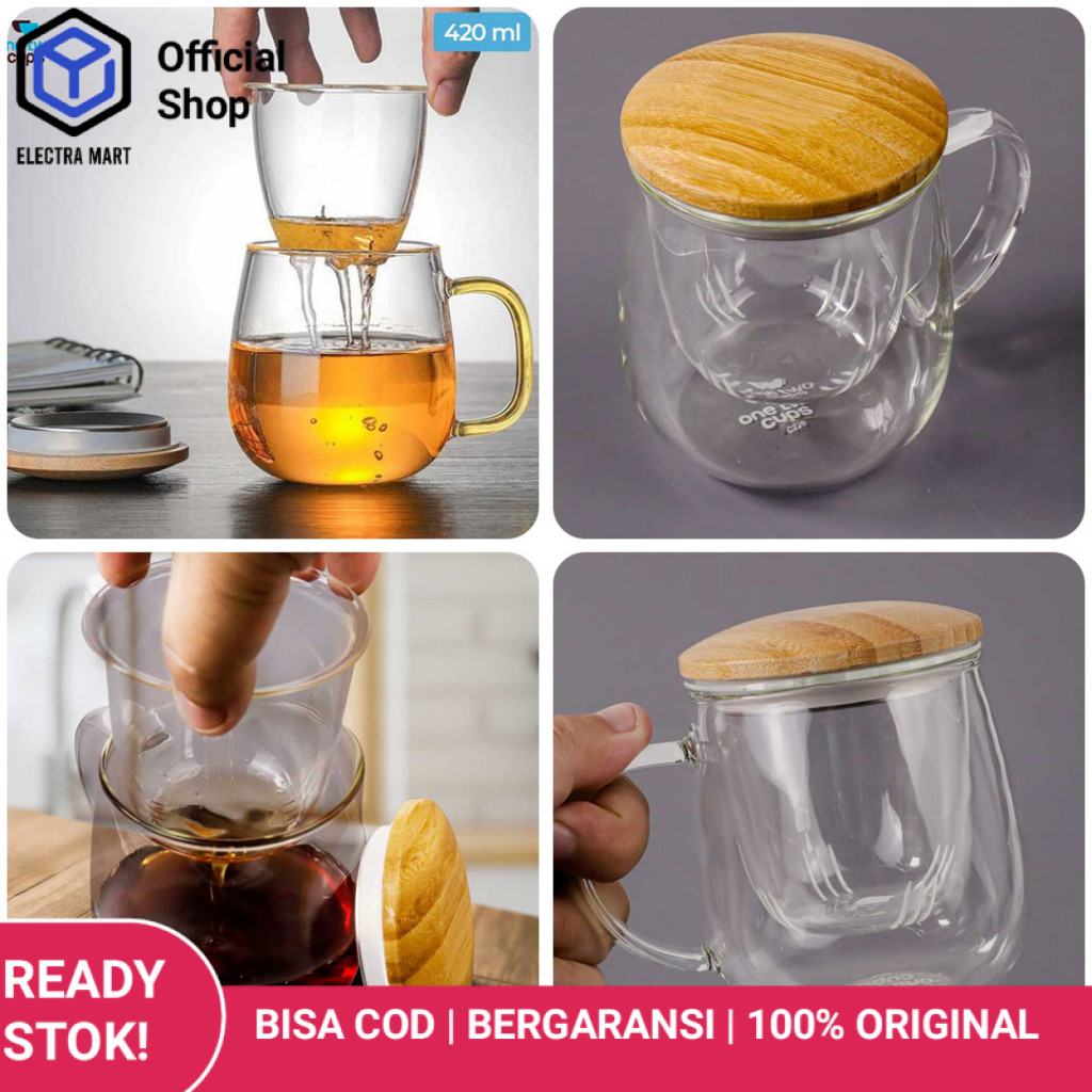 [FREE PACKING TEBAL] Gelas Saring Teh Cangkir Teh Tea Cup Mug with Infuser Filter Tutup Kayu / Gelas