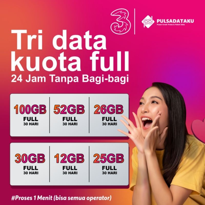 PAKET DATA THREE MURAH KUOTA TRI ISI ULANG HAPPY BULANAN 52GB, 25GB, 12GB, 18GB THREE DATA KUOTA